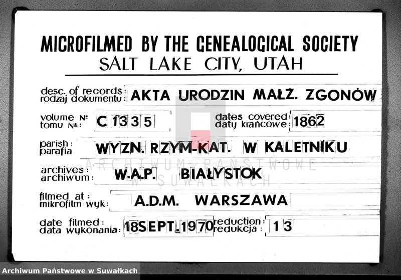 Obraz 1 z jednostki "[Duplikat Aktów urodzeń, zaślubienia i zejśćparafii Rzym.-Kat. w Kaletniku 1862 r.]"