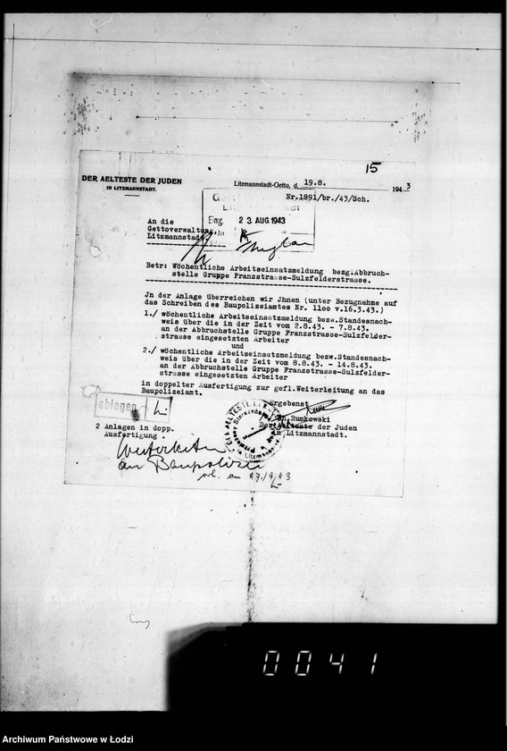 Obraz 19 z jednostki "Abbrüche im Getto. [Korespondencja w sprawie rozbiórki domów w Getcie, miesięczne zestawienia wykonanych prac, wykazy zatrudnionych przy pracach rozbiórkowych]"