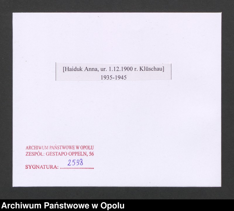 Obraz 2 z jednostki "[Haiduk Anna, ur. 1.12.1900 r. Klüschau]"