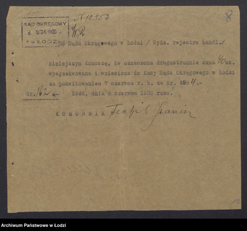 Obraz 10 z jednostki "Samuel Hochman, Samuel Węgrowski i S-ka- prowadzenie fabryki i sprzedaż towarów manufakturowych"