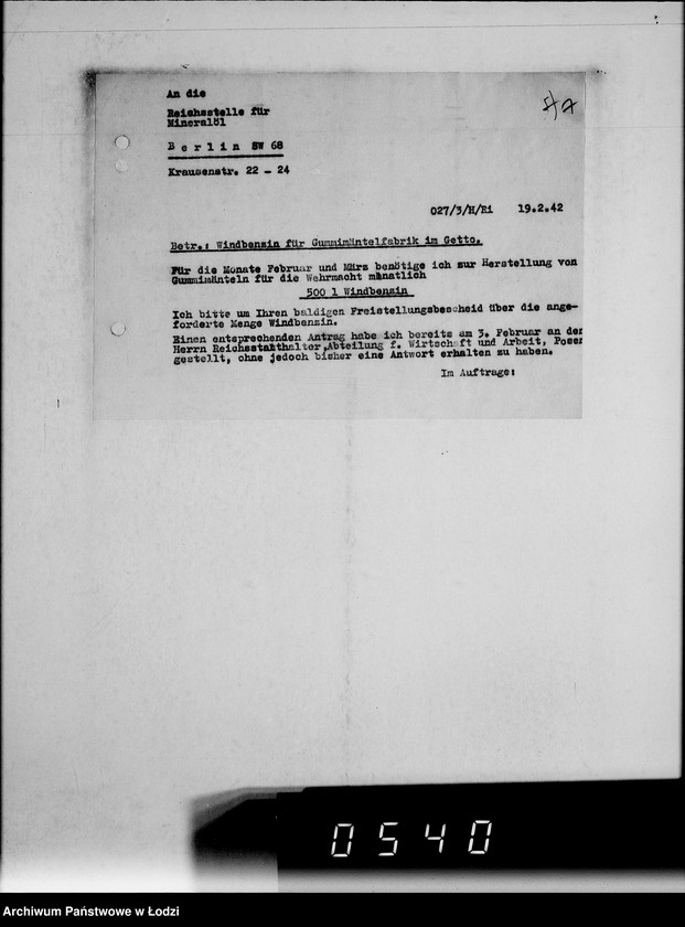 Obraz 12 z jednostki "Spezialbenzin- Kontingent für Gummimäntelfabrikation im Getto"