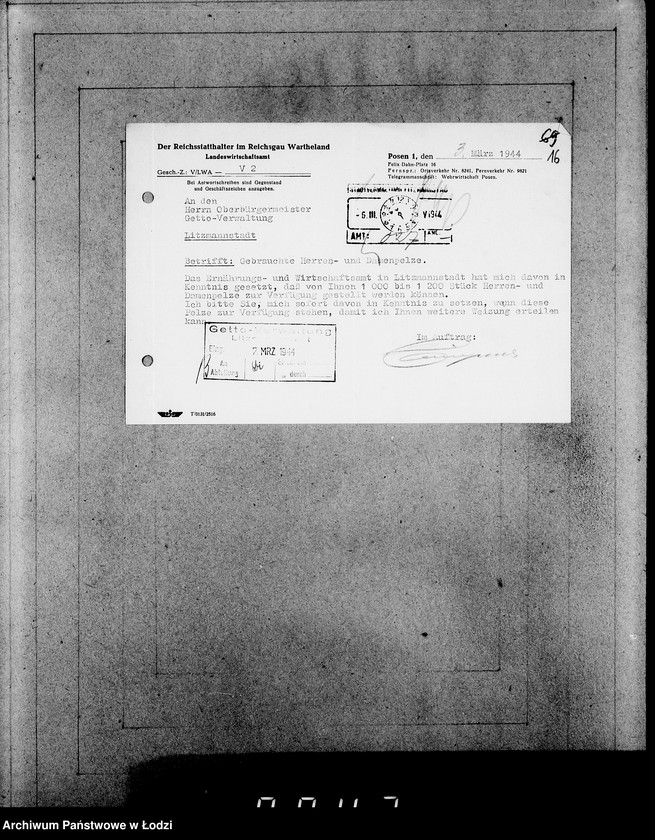 Obraz 20 z jednostki "Oberbürgermeister Litzmannstadt [Korespondencja i zamówienia na dostawę futer i materiałów]"