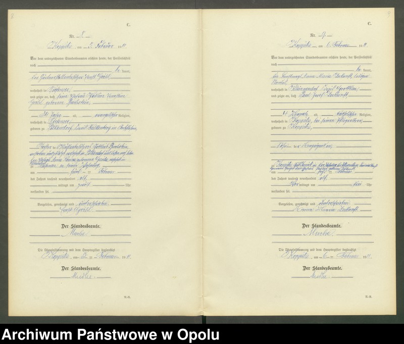 Obraz 7 z jednostki "Sterbe-Register (Neben-Register) Standesamt Koppitz 1911 No. 1 bis 72"