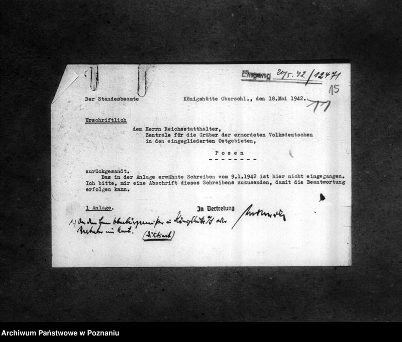 Obraz 19 z jednostki "Korespondencja w sprawie miejscowych Niemców, którzy zginęli w 1939 roku oraz donos Niemca B. Reymanna z powiatu wałeckiego na jego sąsiada, Niemca Breitinga o sprzyjanie Polakom"