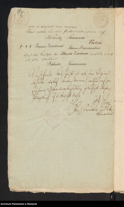 image.from.unit.number "In S. [Sache] der Pfandsbesitzern Johann v. [von] Pokrzywnicki und deßen Ehegathin Caroline Eleonore geboren von Zabienski wegen des zum alleinigen Eigenthum an sie abgetretenen Antheils F im adl. [adeliche] Allodial Gut Lomnau [Łomno] Haupt Amts Neidenburg [Nidzica] bestehend aus 1 Hube 11 Morgen 15 R. [Rute]"