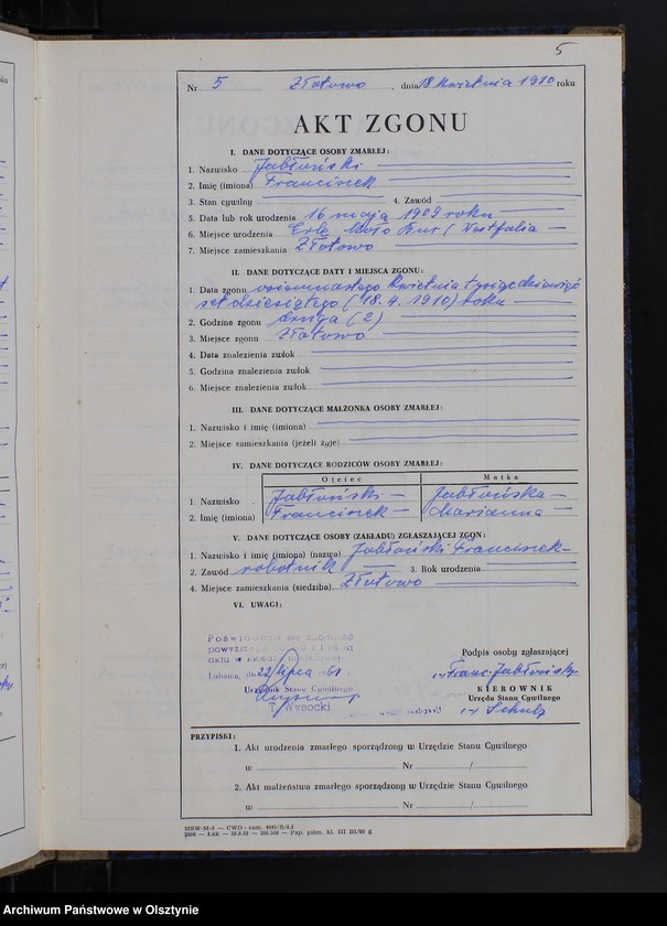 image.from.unit.number "Księga zgonów Nr 1 - 27,1 - 23,1 - 21, 1 - 26 /księga przepisana w języku polskim z oryginału niemieckiego w dniach 22 - 23.07.1961/"