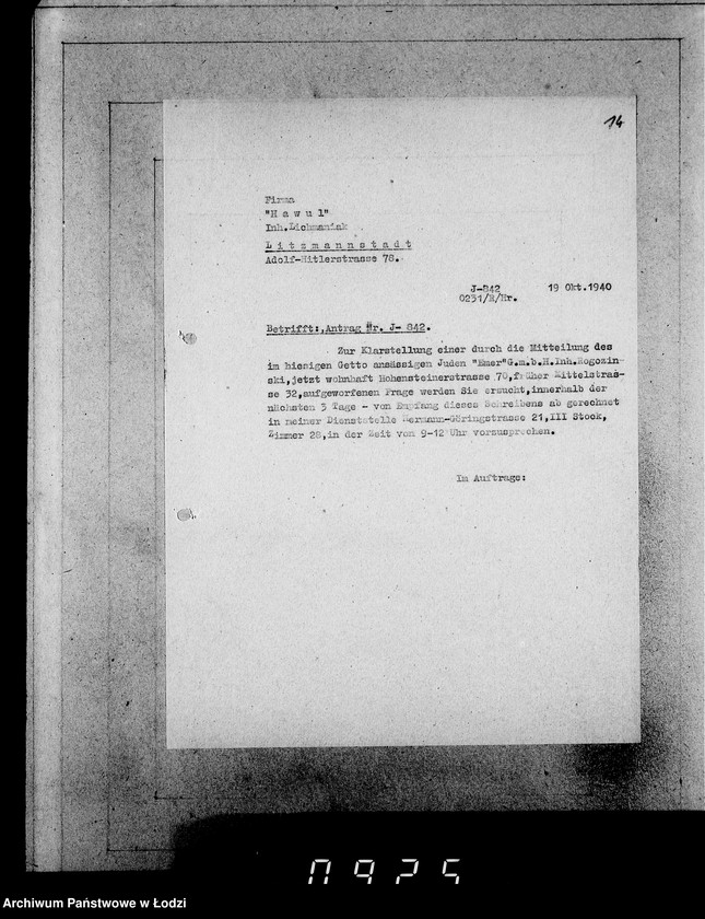 Obraz 18 z jednostki "J.841-860 [Wnioski Żydów z Getta o zwrot należności za prace lub towar wzięty na kredyt]"