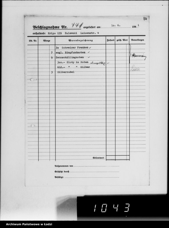 Obraz 15 z jednostki "Kripo.Unterlagen 200-450 [Kartoteka skonfiskowanego majątku ruchomego u Żydów]"