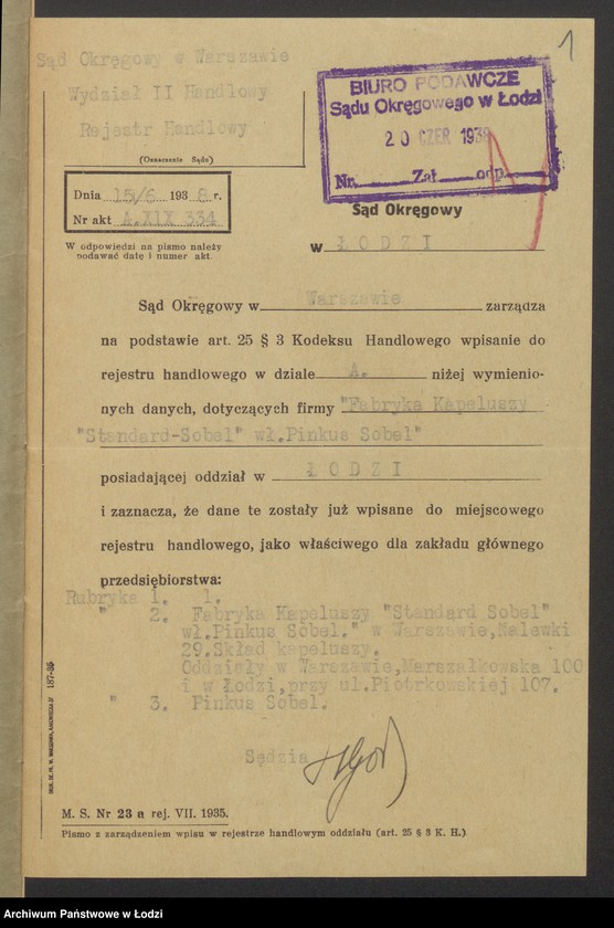 image.from.unit.number "Fabryka kapeluszy Standard Sobel- Pinkus Sobel- skład Kapeluszy, oddziały w Warszawie i Łodzi"