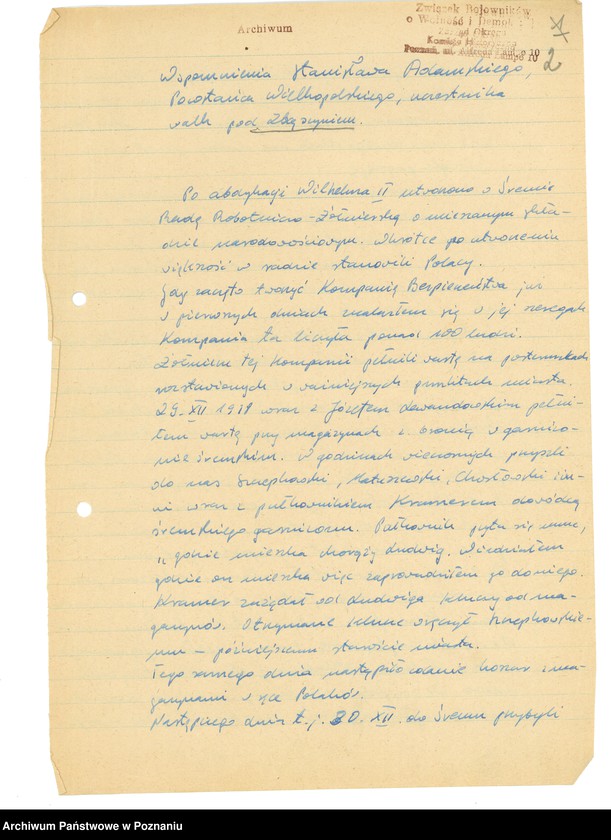 Obraz 13 z jednostki "Relacje i wspomnienia dotyczące powstania wielkopolskiego: 1. Zbąszyń, powiat Nowy Tomyśl, województwo poznańskie, 2. Zdziechowa, powiat Gniezno, województwo poznańskie, 3. Zduny, powiat Krotoszyn, województwo poznańskie."