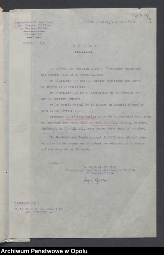 Obraz 6 z jednostki "Discipline-Recompenses-Decorations-Distractions-Punitions-Tenue generale /Korespondencja dotycząca dyscypliny, odznaczeń, pochwał, pracy oświatowej/"