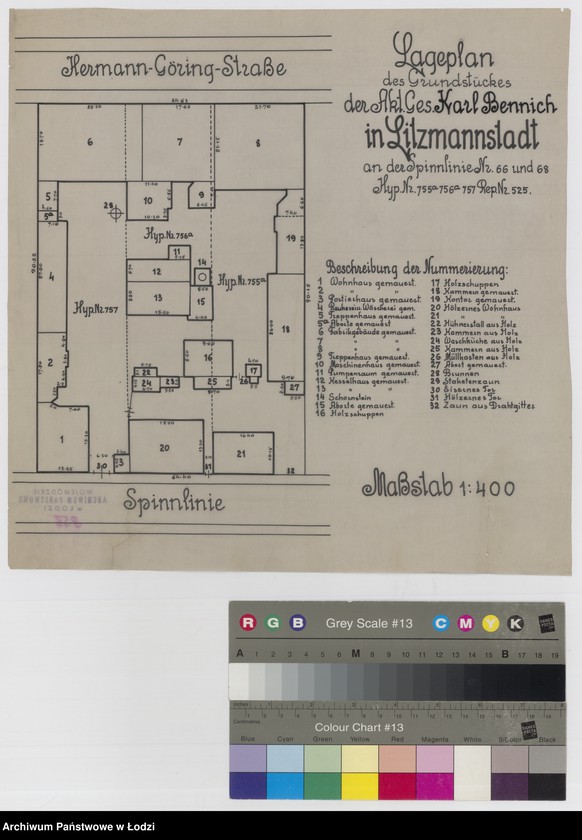 Obraz 1 z jednostki "Lageplan des Grundstückes der Aktien Gesellschaft Karl Bennich in Litzmannstadt an der Spinnlinie Nr 66 und 68, Hypothek Nr 755a, 756a, 757, Rep nr 525"