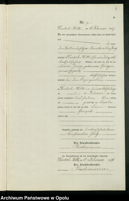 Obraz 11 z jednostki "Geburts-Neben-Register des Standesamts Deutsch Wette pro 1907"