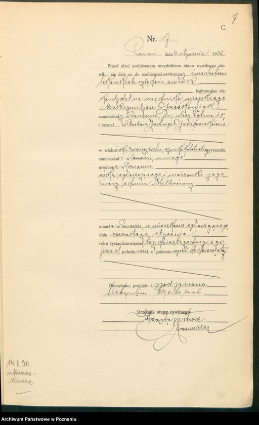 Obraz 19 z jednostki "Księga miejscowa zgonów tom I [Rejestr główny zgonów]"