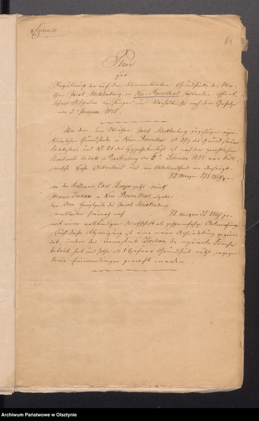 image.from.unit.number "Dismembrationssachen des Bauerngrundstück Neu Rosenthal Nr 38 zwecks Kenntnisnahme des Abgaben Regulirungs Plan durch der Mitglieder des Kirchen Kollegium und Schulvorstan."