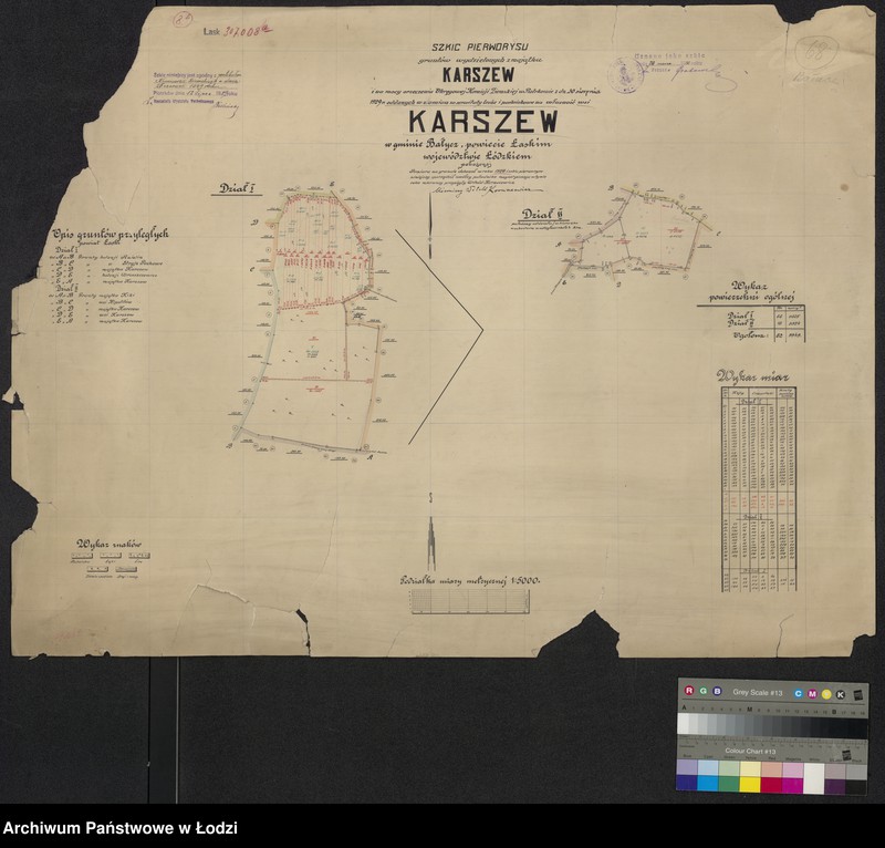 Obraz 1 z jednostki "Szkic pierworysu gruntów wydzielonych z majątku Karszew i na mocy orzeczenia OKZ [Okręgowej Komisji Ziemskiej] w Piotrkowie z dnia 30 VIII 1929 oddanych w zamian za serwituty leśne i pastwiskowe na własność wsi Karszew w gminie Bałucz, powiecie łaskim"
