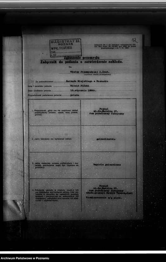 Obraz 16 z jednostki "Zatwierdzenie zakładu przemysłowego /warsztatu galwanizacyjnego/ W. Pińskiego w Poznaniu"
