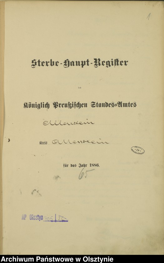 image.from.unit.number "Sterbe-Haupt-Register Tom I, Nr 1 - 254"