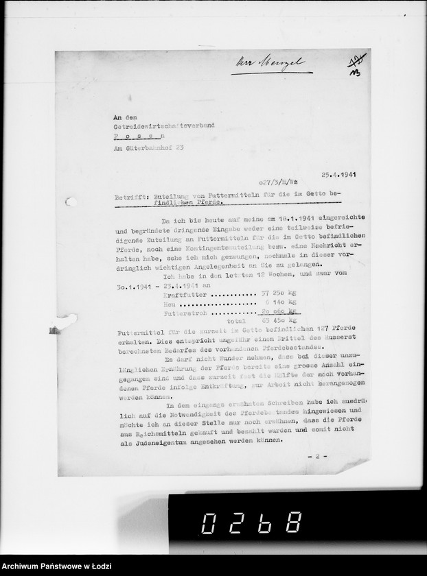 Obraz 17 z jednostki "Zuteilung von Futtermittel für die im Getto befindlichen Pferde."