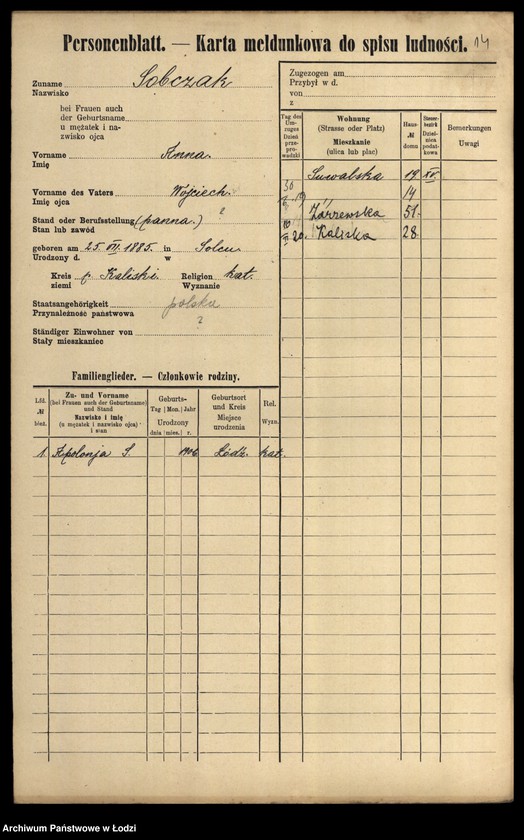 Obraz 16 z jednostki "[Spis ludności Łodzi] Sobczak"