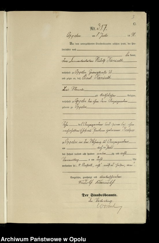 Obraz 6 z jednostki "Urząd Stanu Cywilnego w Opolu 1898 Rejestr zgonów Księga Miejscowa Nr 315 do 632"