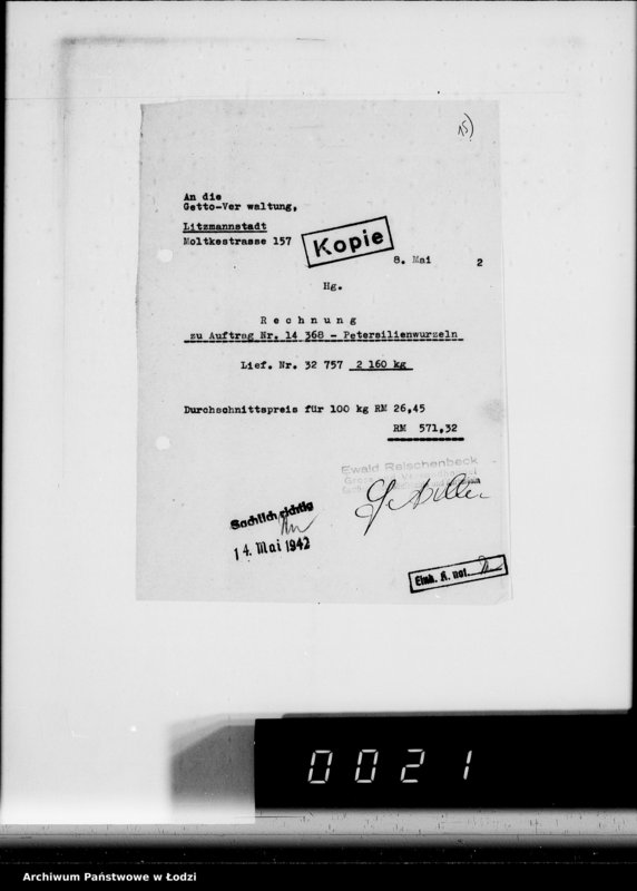 Obraz 19 z jednostki "Aufträge [Lieferscheinen und Rechnungen] 13800-13850.[i od 14351 do 14370]. [Dostawa artykułów pierwszej potrzeby do Getta]"