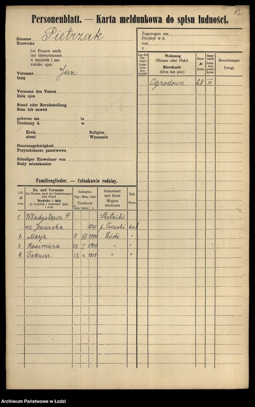 Obraz 14 z jednostki "[Spis ludności Łodzi] Pietrzak-Pietrzycki"