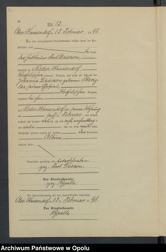 Obraz 16 z jednostki "Geburts-Neben-Register Standesamts Kunzendorf pro 1898"