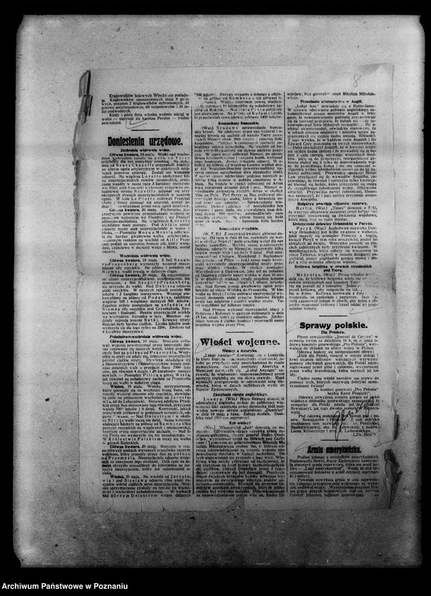 Obraz 14 z jednostki "Wycinki prasowe [Gazeta Poznańska, Ziemia lubelska] na tematy wojny 1918 rok, mapa terenu wojny z Rosją [1914- 1916], ogłoszenia i dwie karty kolorowe na temat pożyczki wojennej, odezwa dowództwa wojsk niemieckich do Polaków w Królestwie Polskim, rozporządzenia w prasie dotyczące aprowizacji w czasie wojny [1915 r.]. Gazeta Gdańska 22 VI 1918 r."