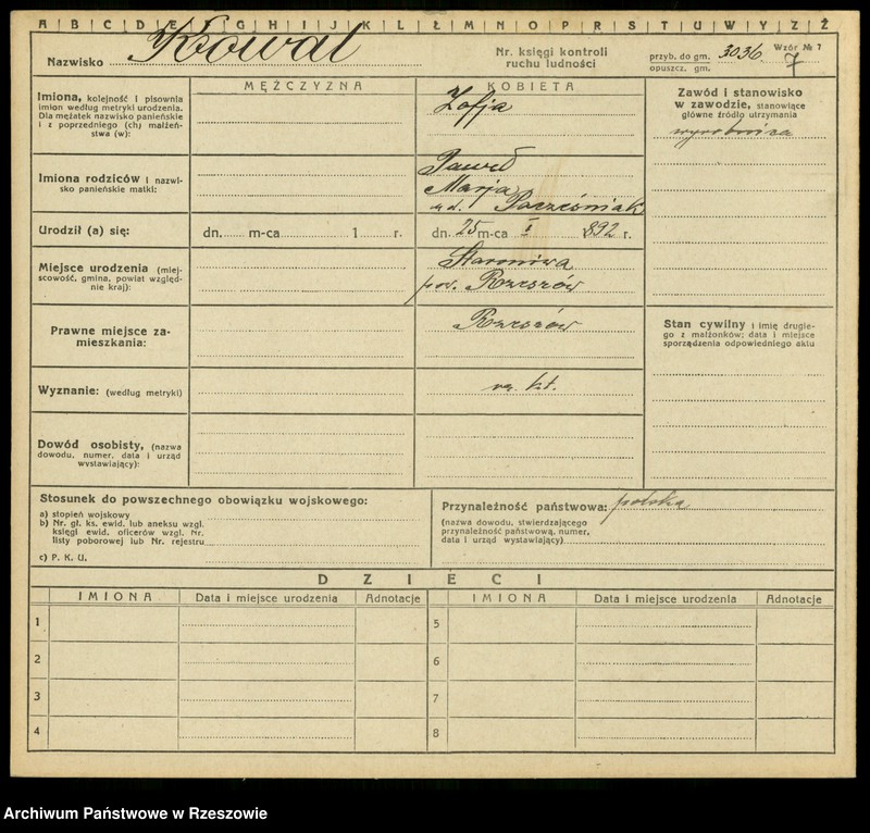 Obraz 9 z jednostki "Kartoteki kontroli ruchu ludności Litera: K"