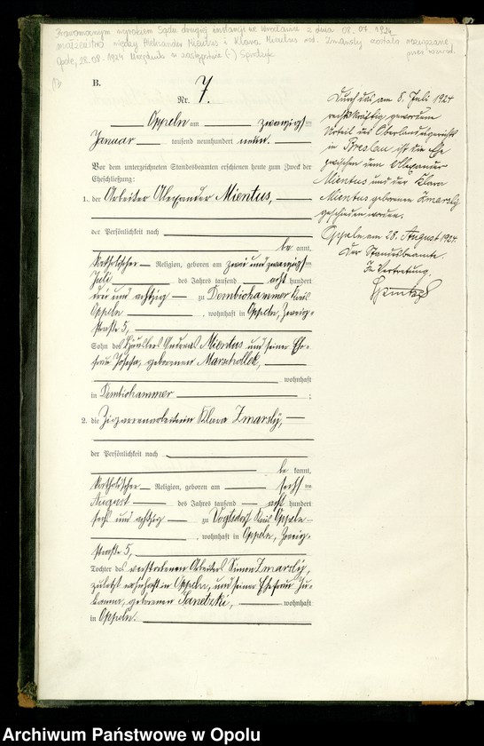 Obraz 16 z jednostki "Rejestr Malżeństw pierwopis 1909 [Opole] 1-173"