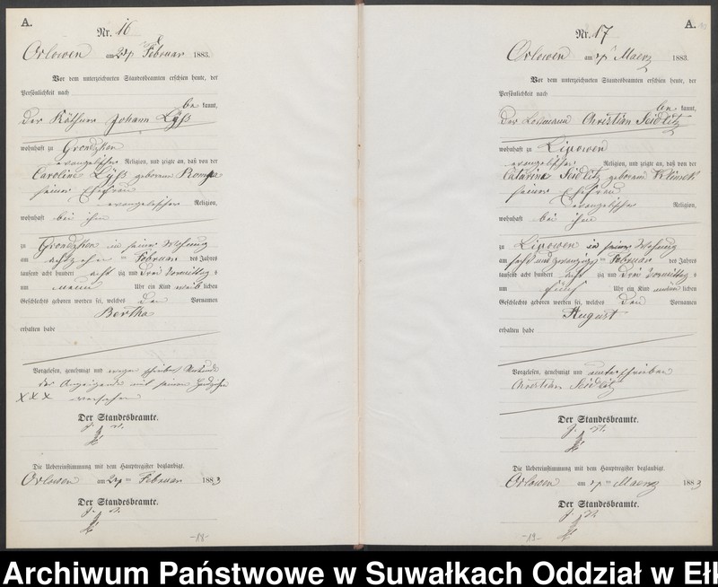 Obraz 13 z jednostki "Geburts-Neben-Register des Preussischen Standes-Amtes Orlowen Kreis Loetzen für das Jahr 1883"