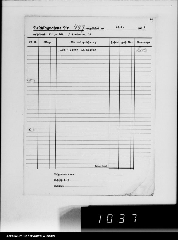 Obraz 9 z jednostki "Kripo.Unterlagen 200-450 [Kartoteka skonfiskowanego majątku ruchomego u Żydów]"