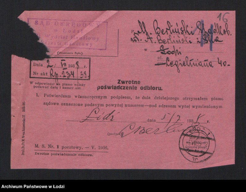 Obraz 18 z jednostki "Aron Lajb Berliński- spółka komandytowa przemysł pończoszniczy"