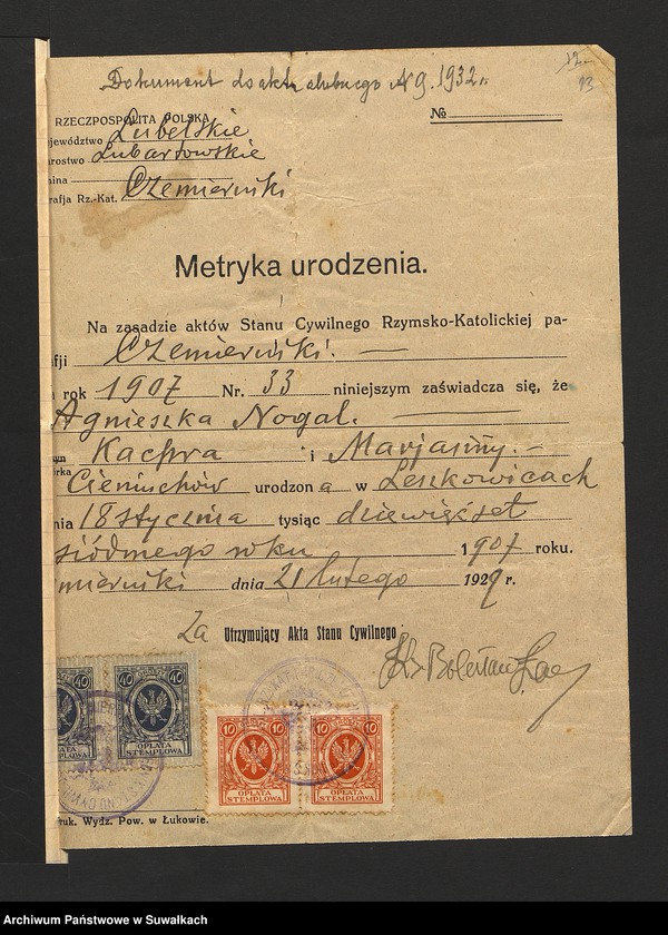 image.from.unit.number "Dokumenty przedstawione do ślubnych aktów stanu cywilnego sporządzonych w roku 1932 w parafji rzymsko-katolickiej Filipów"