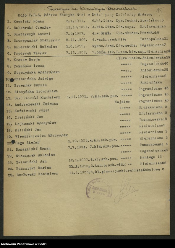 Obraz 16 z jednostki "Wykazy członków PPS na kierowniczych stanowiskach w zakładach pracy"