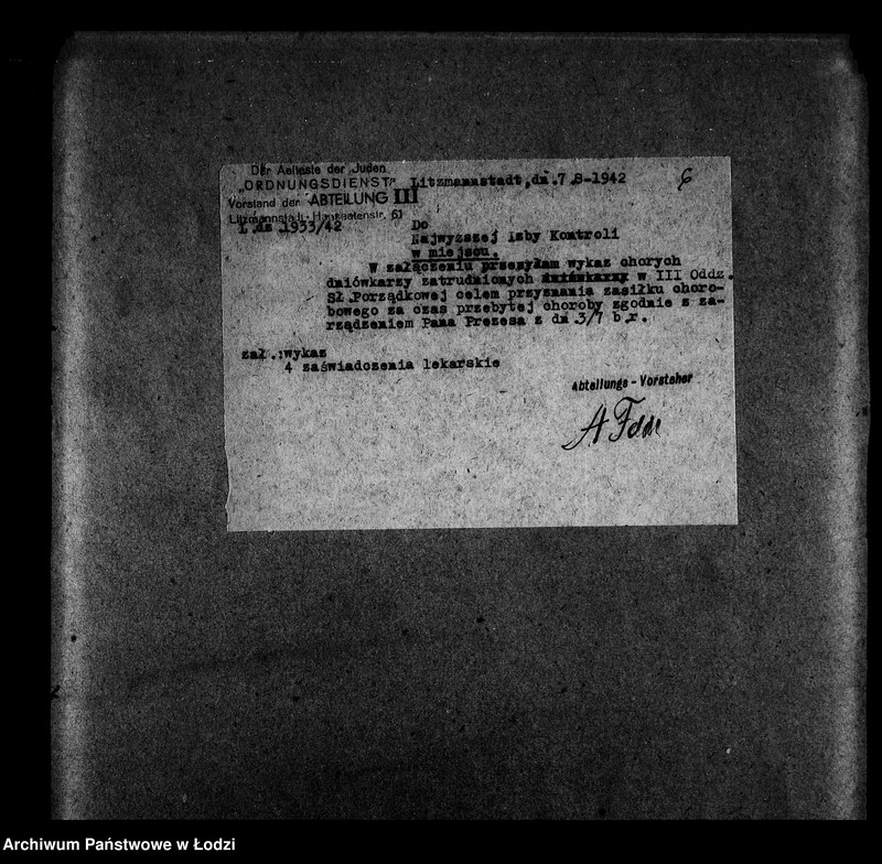 Obraz 9 z jednostki "I Ordnungsdienst [Zasiłki chorobowe dla pracowników wydziału, listy pracowników, zaświadczenia lekarskie]"