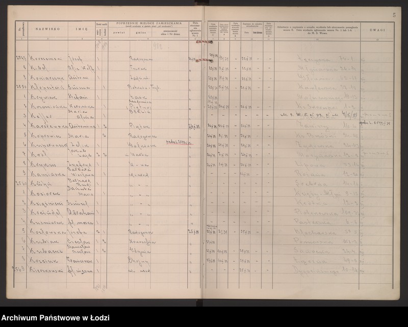 Obraz 9 z jednostki "Księga kontroli ruchu ludności (rejestr osób przybywających do gminy) Łódź, zespół IV, lit. K"