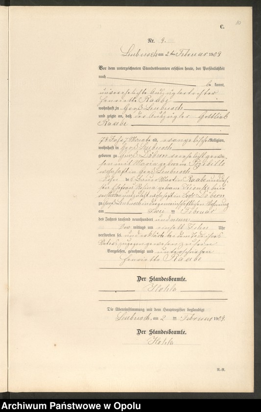 image.from.unit.number "Sterbe-Register (Neben-Register) Standesamt Leubusch 1909"