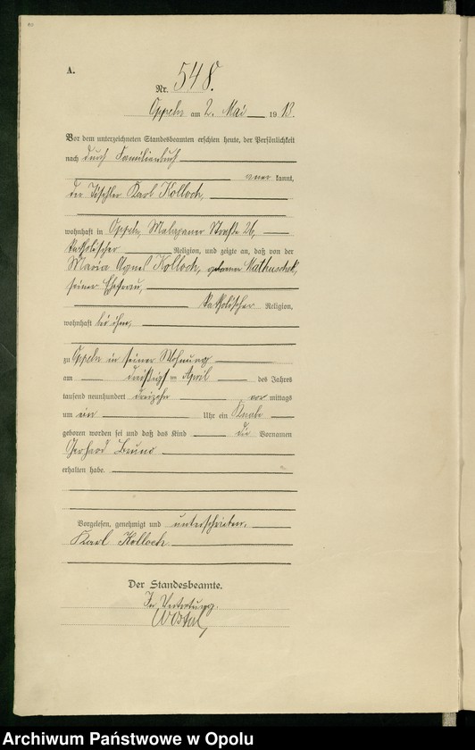 Obraz 14 z jednostki "Urząd Stanu Cywilnego Opole Księga Urodzeń Rok 1913 540-1057"