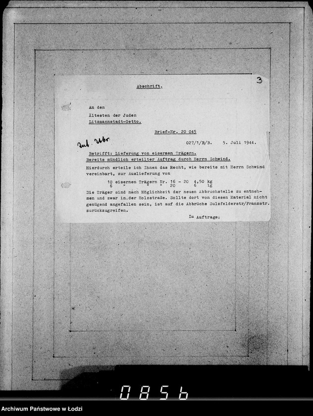 Obraz 7 z jednostki "Juden-Schreiben [Pisma skierowane do Przełożonego Starszeństwa Żydów w Getcie Łódzkim]. Nr.10569-20040"