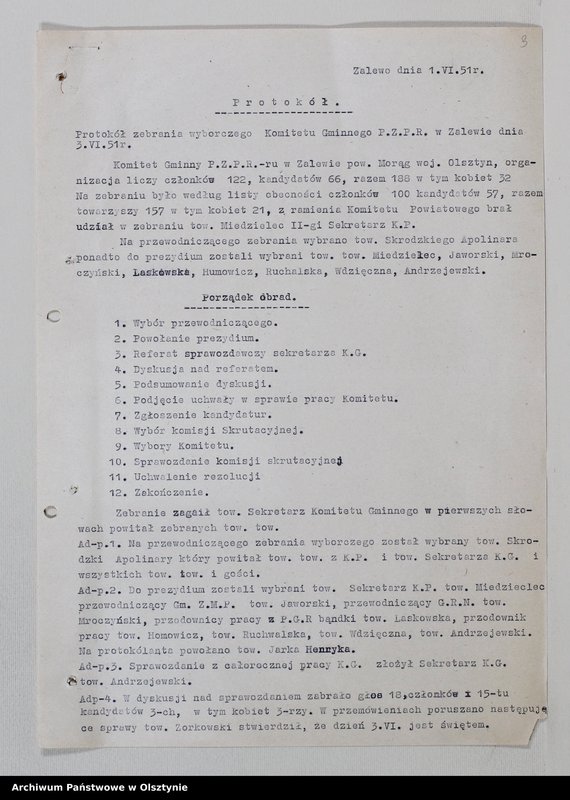 image.from.unit.number "Protokoły zebrań wyborczych /1950-1951/, posiedzeń plenarnych, egzekutywy, narad aktywu, plany pracy, sprawozdania /1949-1950/ Komitetu Gminnego PZPR"