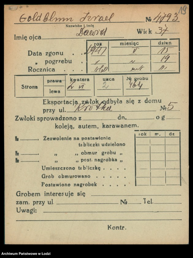 Obraz 20 z jednostki "Kartoteka osób pochowanych na cmentarzu żydowskim przy ulicy Brackiej w latach 1892-1954. Nazwiska na litery: Goldbl-Goldsz"