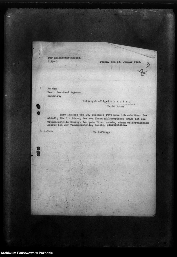 Obraz 7 z jednostki "Korespondencja w sprawie miejscowych Niemców, którzy zginęli w 1939 roku oraz donos Niemca B. Reymanna z powiatu wałeckiego na jego sąsiada, Niemca Breitinga o sprzyjanie Polakom"