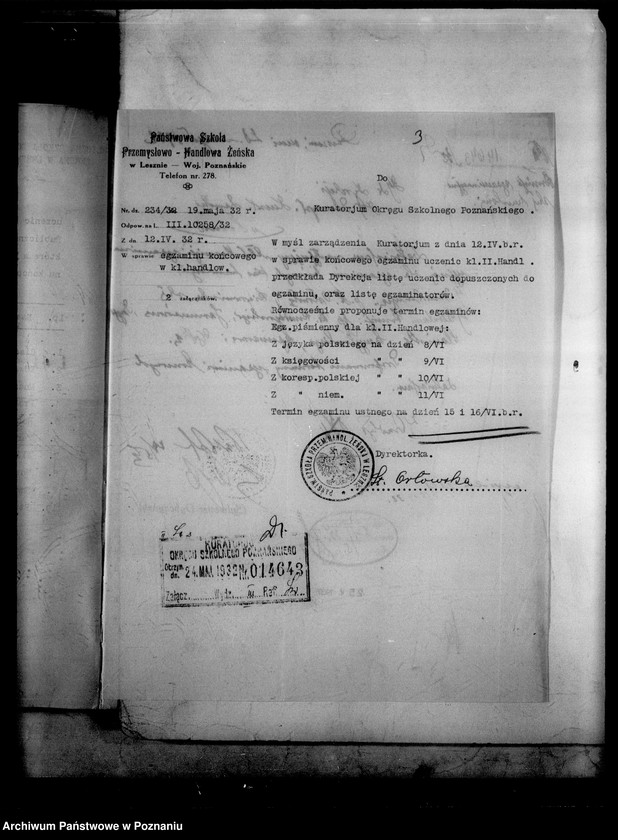 Obraz 6 z jednostki "Państwowa Szkoła Przemysłowo Handlowa Żeńska- Leszno [protokół z egzaminu końcowego]"