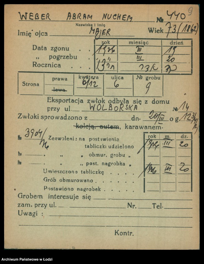 Obraz 10 z jednostki "Kartoteka osób pochowanych na cmentarzu żydowskim przy ulicy Brackiej w latach 1892-1957. Nazwiska na litery: Wd-Wis"