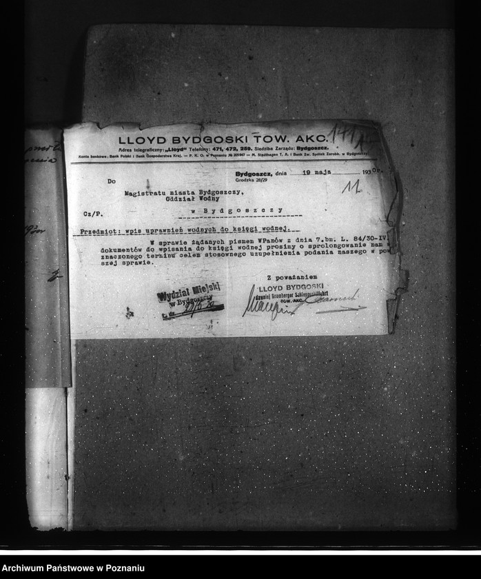 Obraz 15 z jednostki "/Uprawnienia wodne firmy Lloyd Bydgoski, Spółka Akcyjna Bydgoszcz ul. Grodzka 28/29/"