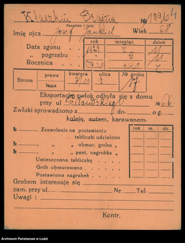 Obraz 5 z jednostki "Kartoteka osób pochowanych na cmentarzu żydowskim przy ulicy Brackiej w latach 1892-1959. Nazwiska na litery: Kl-Kn"