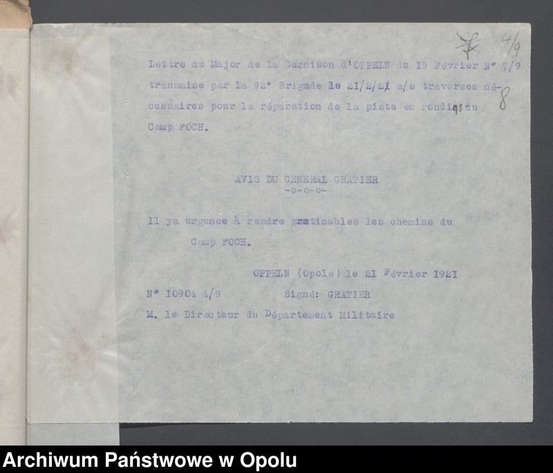 Obraz 10 z jednostki "Service du Genie-Casenement-Cantonnement  /Korespondencja i zarządzenia z zakresu rozlokowania wojska, przydziały koszar/ 4.02.- 10.09.1921"