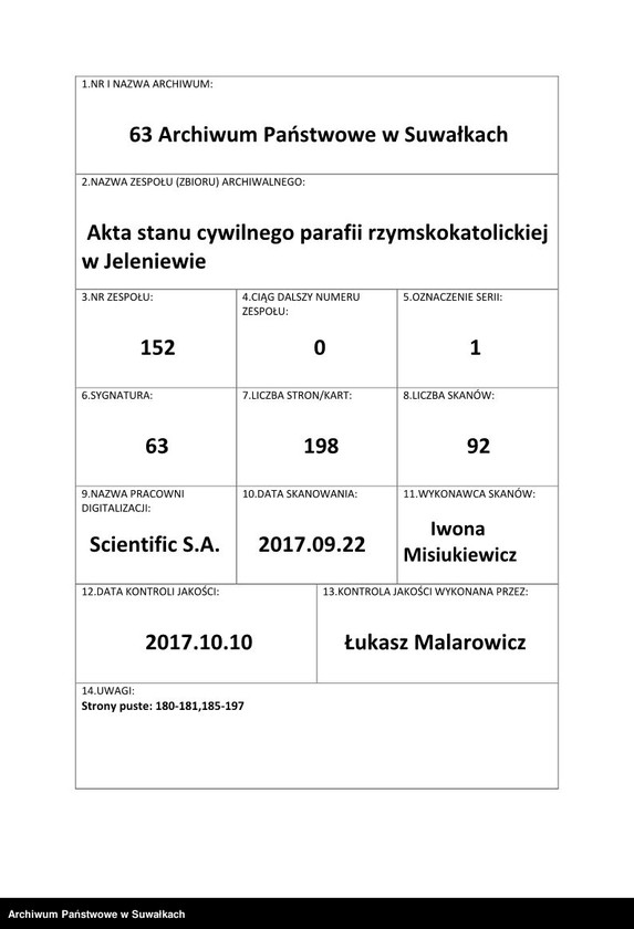 Obraz 1 z jednostki "Duplikat Aktów Cywilno- Metrycznych Urodzonych, Umarłych i Zaślubionych Parafij Jeleniewskiey na Rok 1847."